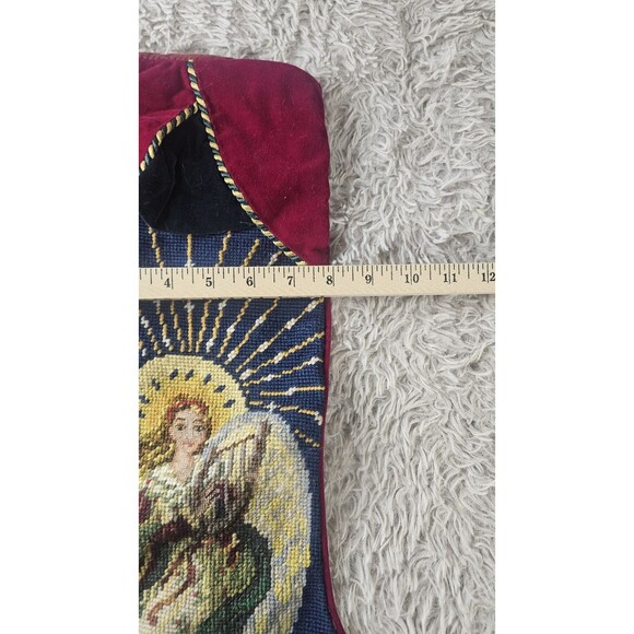 Vintage Large Needlepoint Christmas Stocking Wool Velvet Angel Harp Dove - Picture 9 of 10